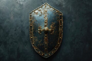Fototapeta premium A large metal shield mounted on a stone or brick wall, possibly used for defensive purposes