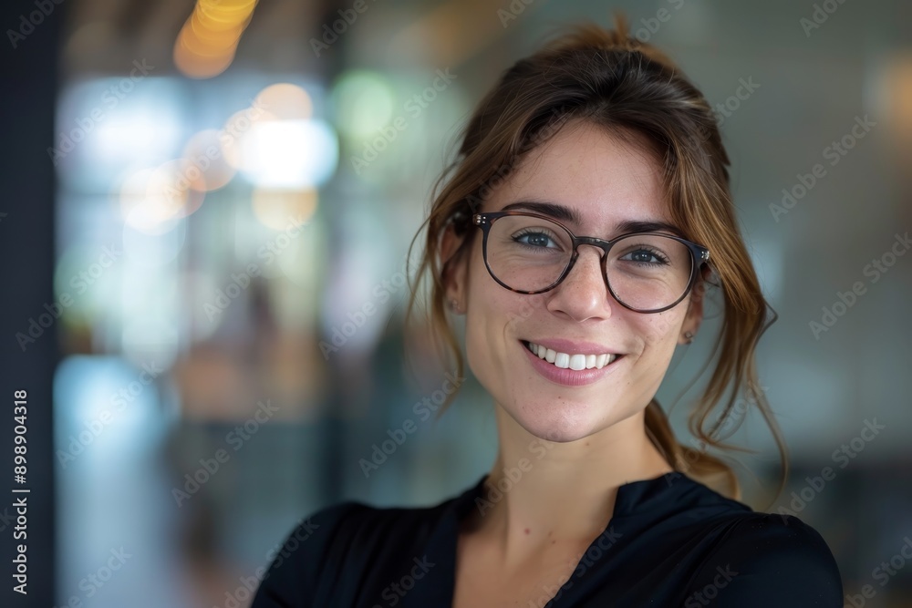 Wall mural photorealistic beautiful cheerful professional business woman office worker wearing glasses generati