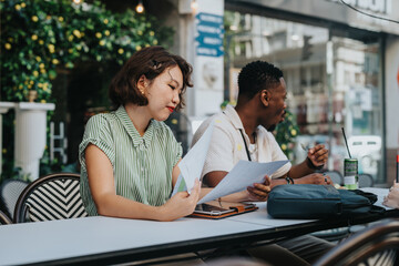 Two colleagues having a casual business meeting at an outdoor cafe, discussing documents and ideas.
