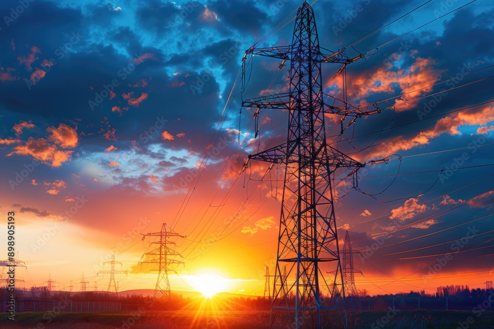 Poster Sunset scene with power lines in the background