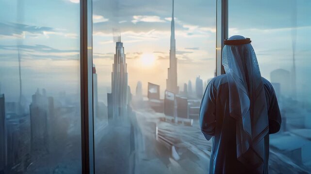 Arab man sheikh businessman looks out the window of a skyscraper at a large modern city with tall buildings skyscrapers