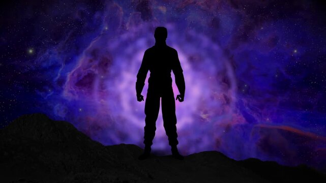 Human figure silhouette in energy field