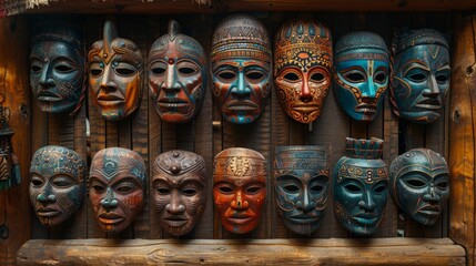 Twelve colorful traditional wooden masks are hanging on a wall made of wooden planks