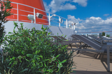 Sonnenliegen auf Luxus Kreuzfahrtschiff - Sun loungers and deck chairs on luxury oceanliner,...