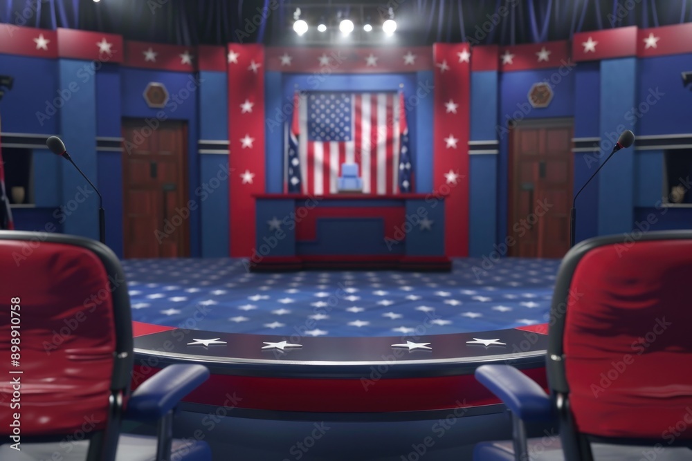 Poster a simple room with two red chairs and a flag on the wall, suitable for event or meeting decor