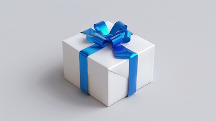 Obraz premium A beautifully wrapped white gift box with a shiny blue ribbon and bow