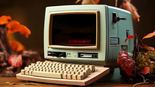 Old stylish vintage retro personal computer for video games and work poster from the 80s 90s