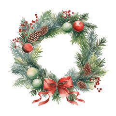 Watercolor Isolated Fir Wreath with Red and Green Decorations