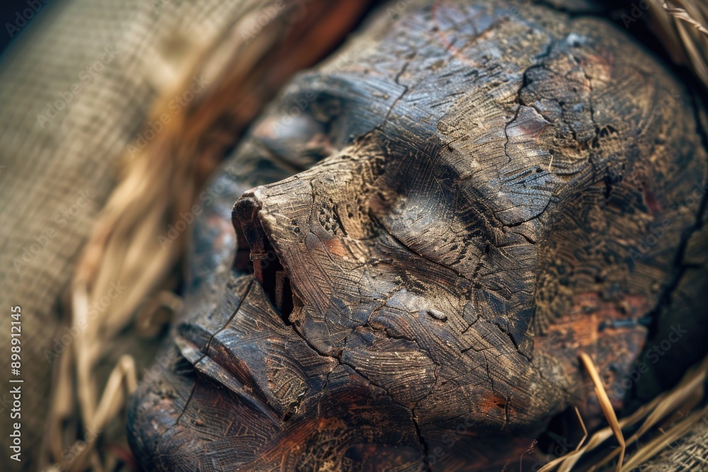 Aufkleber a close-up view of a wooden statue with a serene face, suitable for use in decorative or artistic co