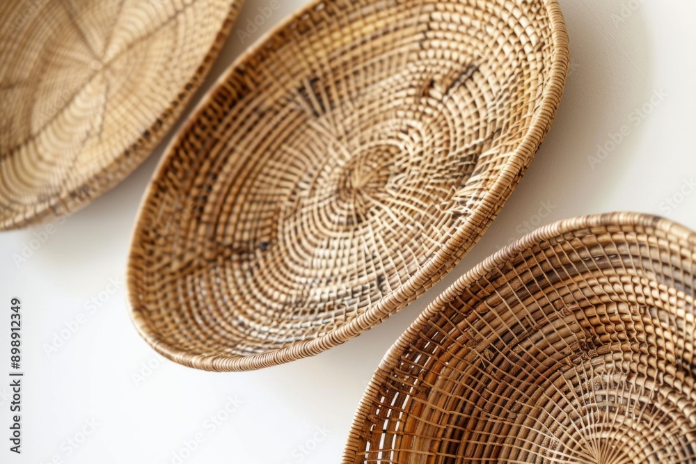 Poster three wicker baskets suspended from a wall, filled with unknown contents