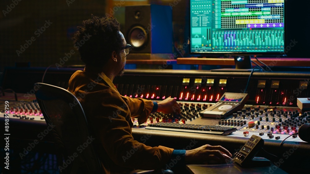 Aufkleber Tracking engineer processing and mixing sounds in control room with audio console and professional editing software on computer. Music production expert uses motorized faders and knobs. Camera A.