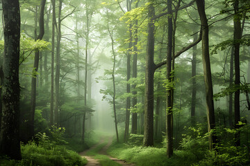 Obraz premium Serenity in the Mist: A Foggy Morning in a Dense Forest Inviting Reflection and Tranquility