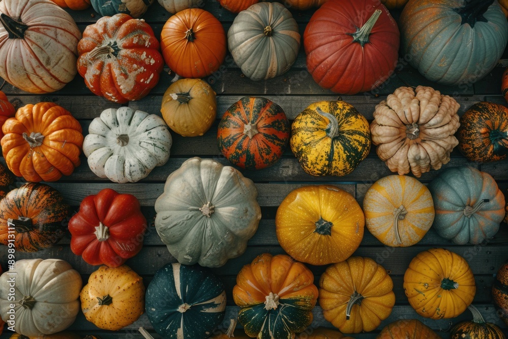 Poster a collection of bright and varied pumpkins displayed on a rustic wooden surface