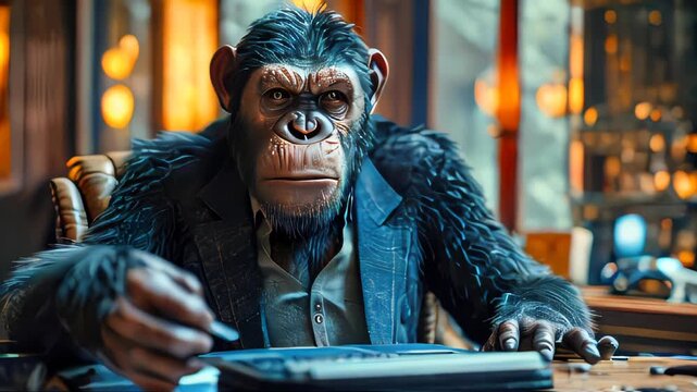 Chimpanzee businessman boss in suit sitting at a table in office and working on a laptop