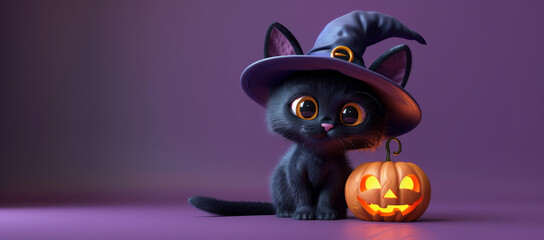3d render of cute cartoon halloween black cat with jack-o'-lantern and witch hat isolated on purple background banner mockup, copy space.