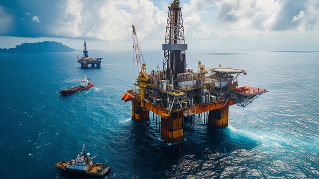 Aerial view of offshore oil rigs amidst calm waters, showcasing maritime operations and the beauty of coastal regions. Ideal for environmental and industry themes.