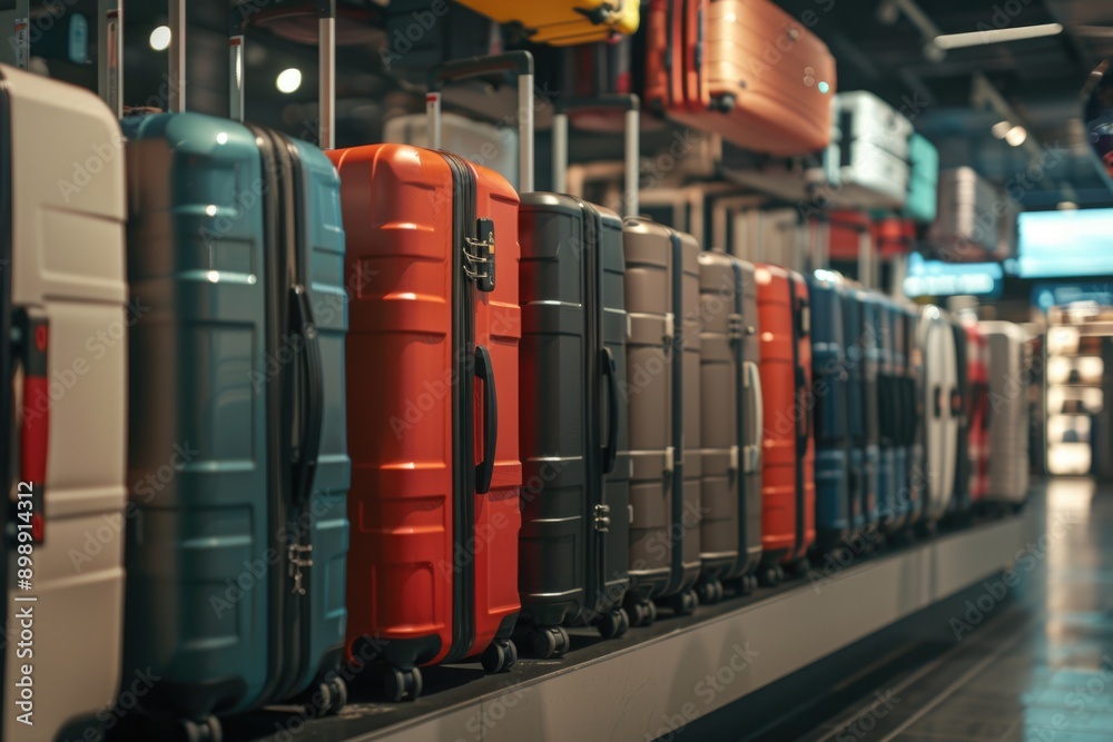 Poster a collection of suitcases and bags stacked neatly on a shelf, perfect for travel or storage