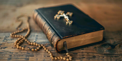 Bíblia e rosário sobre uma mesa de madeira