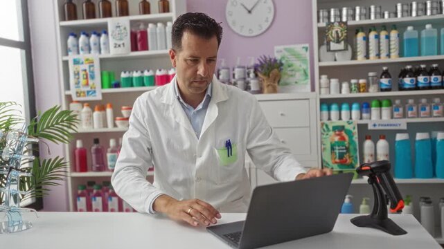 Man working with a laptop in a pharmacy surrounded by shelves filled with various colorful products and a barcode scanner on the counter