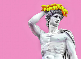 Statue  David Sculpture With Bananas Against Pink Background