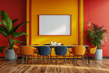 Contemporary dining room bold decor with empty frame