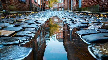 Wet cobblestone alley reflecting buildings, autumn leaves scattered - Powered by Adobe