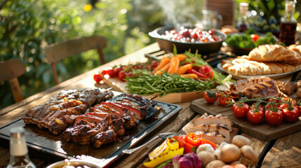 Obraz premium A table full of food including meat, vegetables, and bread. Scene is inviting and celebratory