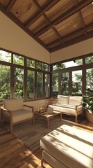 Modern Minimalist Living Room with Wooden Ceiling and Large Windows