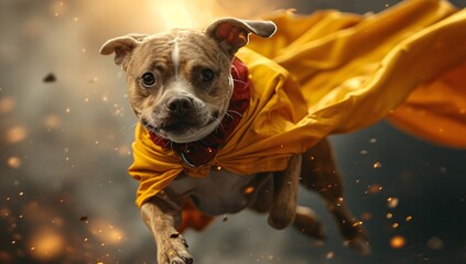 A dynamic, action-packed image of a dog in a yellow superhero cape, soaring through an explosive environment. Perfect for pet lovers and superhero fans alike!