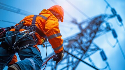 Skilled electrician wearing safety gear, working on power lines against a bright blue sky, highlighting the importance of electrical maintenance and safety protocols.