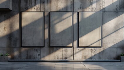 Spacious art gallery setting featuring three empty frames on a textured concrete wall, showcasing light and shadow interplay in a contemporary design.