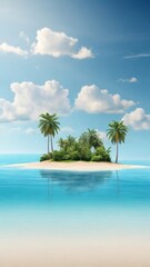 Fototapeta premium Minimalistic view of a tropical island with palm trees on the water, large empty space for text, ideal for advertising travel, tourism and beach holidays, copyspace 