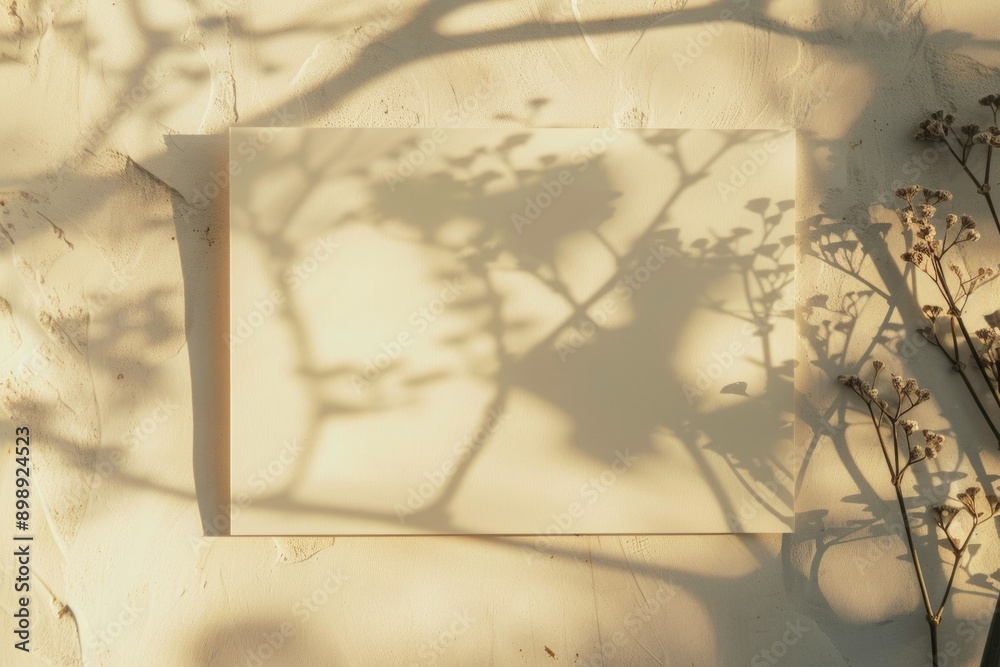 Poster a shadow of a plant on a wall, suitable for use in minimalist interior design or abstract art compos