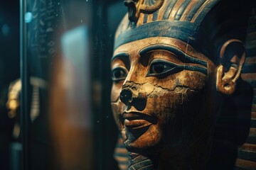 A detailed view of a human figure sculpture with intricate details and textures