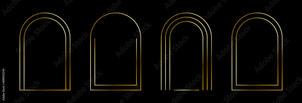 Poster Thin golden arch frame set. Gold arc border collection in art deco style. Thin linear shining curve shape bundle. Brass glowing shiny boarder element pack for photo, cadre, poster, card. Vector