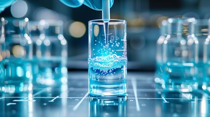 A gloved hand uses a dropper to add liquid to a beaker, creating a splash effect.