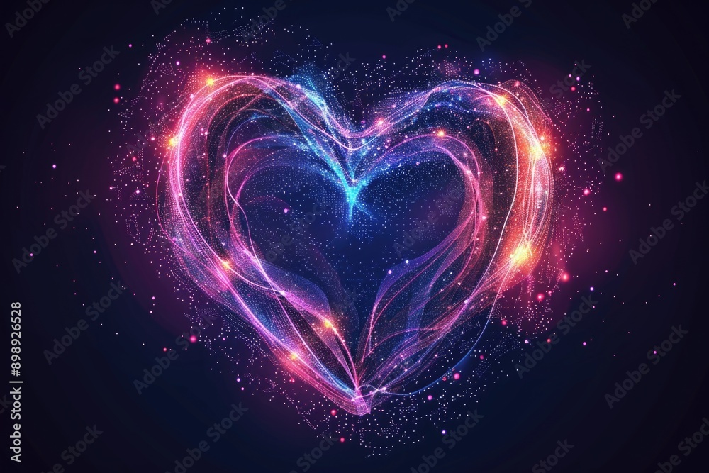 Poster a heart shape made of neon lights on a dark background