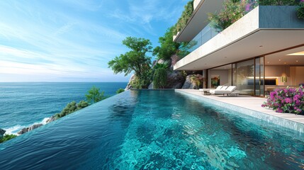 Fototapeta premium Luxurious infinity pool overlooking a tropical ocean vista with a modern house in the background