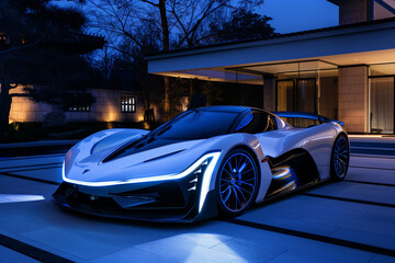 concept Image of electric high performance cars 10 years from now , ,at luxury house,