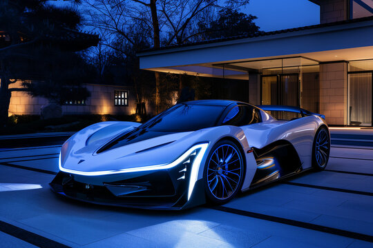 concept Image of electric high performance cars 10 years from now , ,at luxury house,