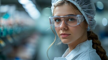 Close up of a female laboratory assistant in minimalist style against a white background