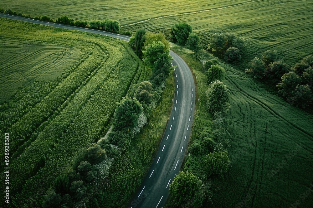 Poster aerial view of a road running through a green field, ideal for use as a background or illustration