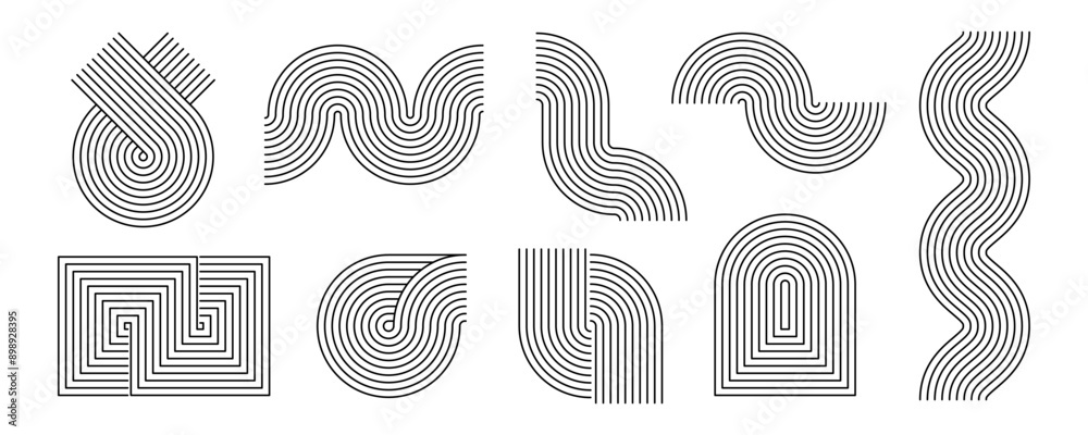 Poster black linear boho style waves and shapes set. mid century curves and arches collection. decorative l