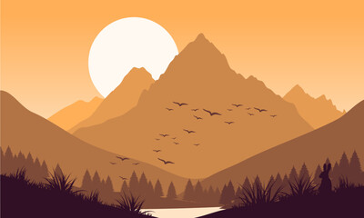 Vector orange mountain landscape with clean sky, calm river, birds flying and pine trees silhouettes