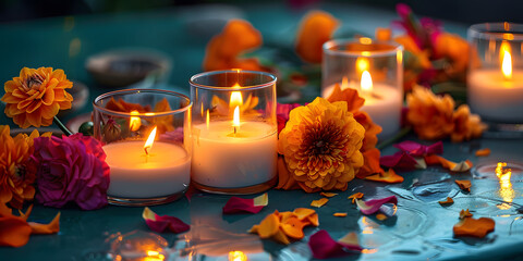 Altar iluminado por velas com flores e oferendas