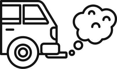 Simple, bold lined illustration of a car emitting pollution as a sad face shaped smoke cloud