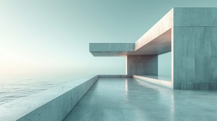 Obraz premium Minimalist concrete structure stands on a platform, offering a serene view of the endless ocean at sunset