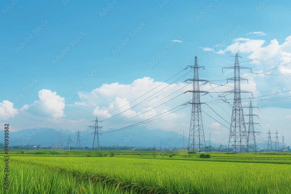 Aufkleber a serene landscape of a field of green grass with power lines in the background