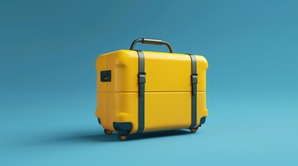 A bright yellow suitcase sitting on top of a blue surface, great for use in travel or adventure themed projects