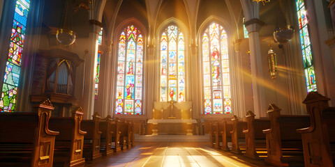 Obraz premium Igreja católica com vitrais iluminados.
